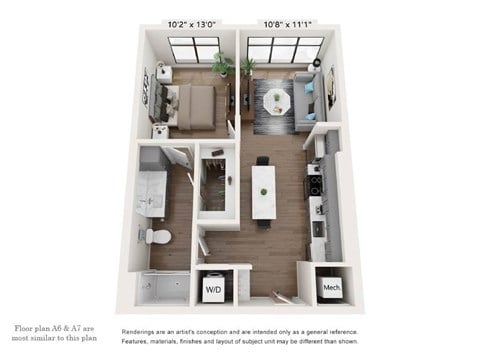 Floor plan for 1 bed, 1 bath, 819 sqft